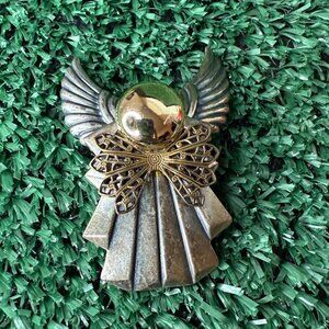 Vintage Two Metal Tone Angel Brooch Pin with Filigree Wings & Halo Ball Head